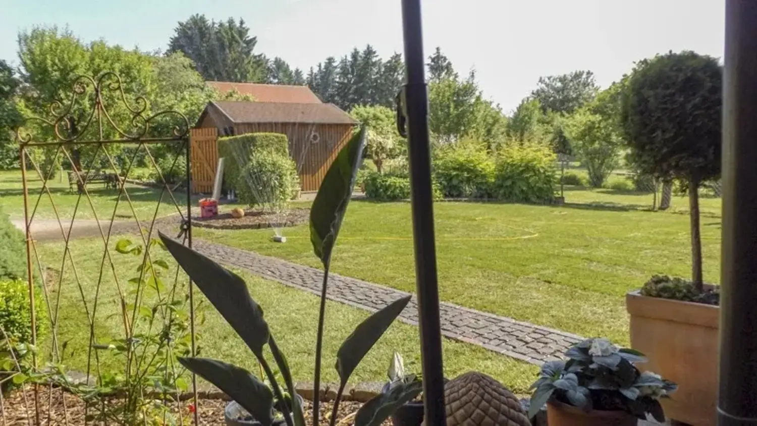 Großer grüner Garten mit gepflegtem Rasen und Steinpfad